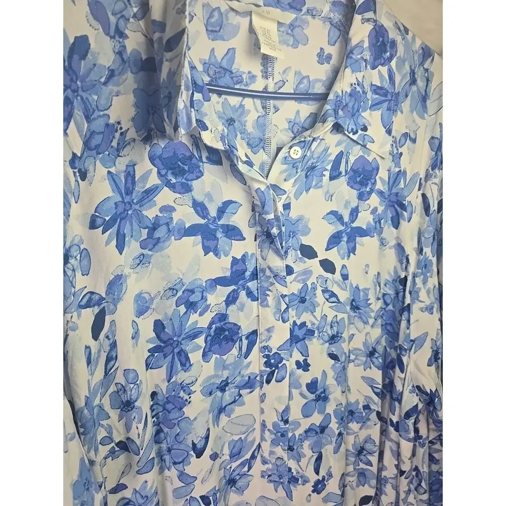 H&M Button Up Shirt Dress XL Blue Floral Oversized Lightweight Travel Summer - Picture 3 of 10